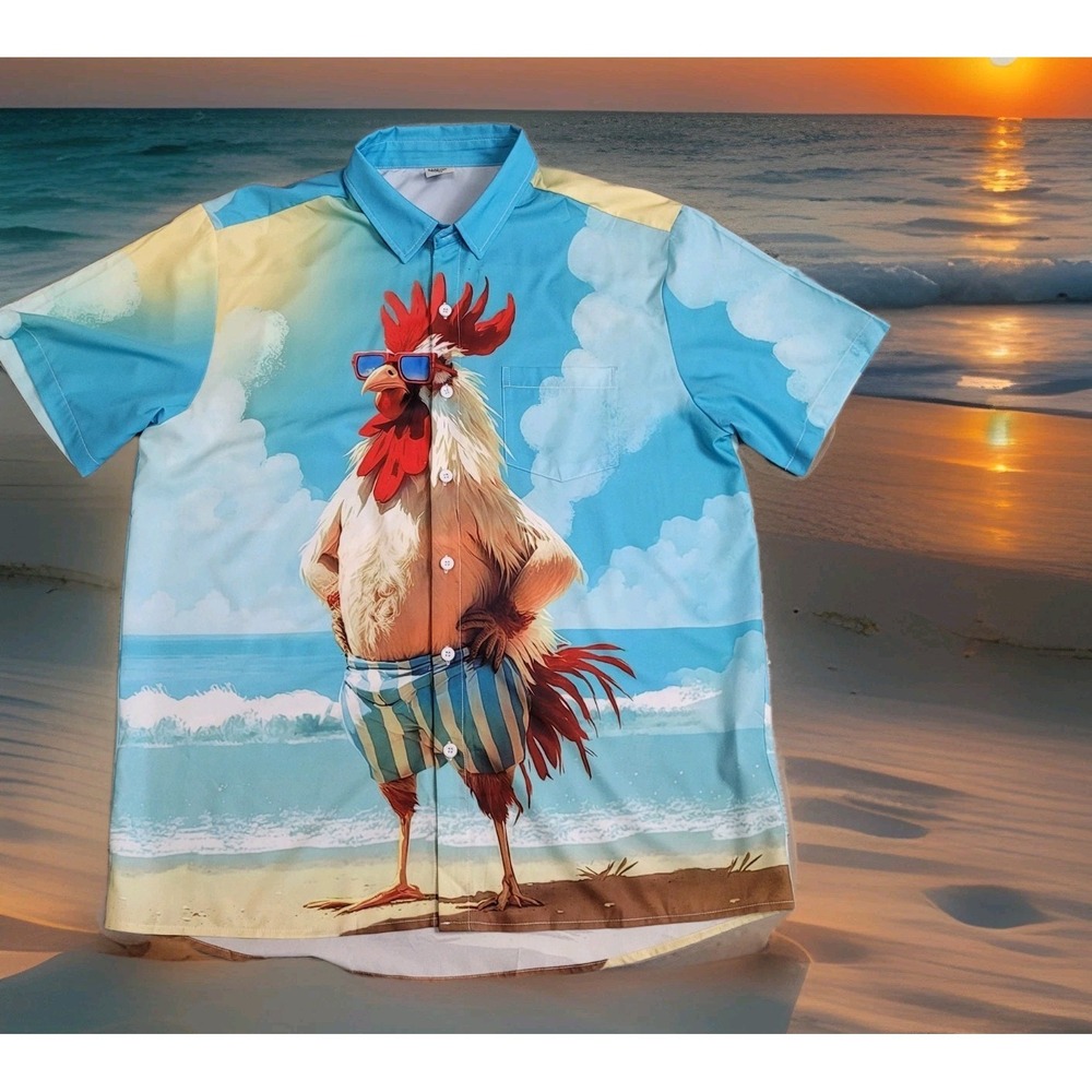 🐔HARDADDY Mens Med Rooster Hawaiian Shirt Funny Chicken Farm Novelty Beach BBQ